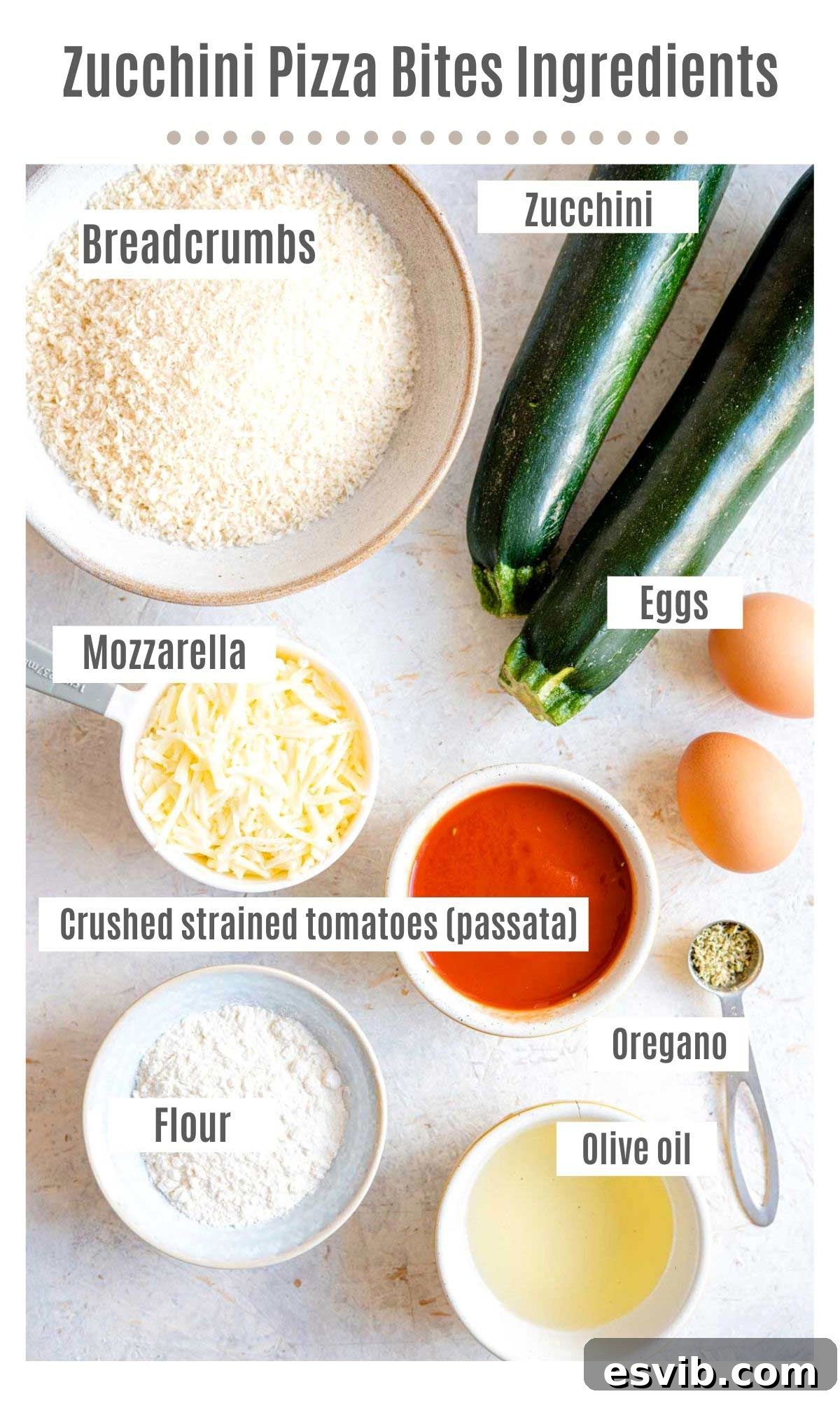 An overhead shot showcasing all the fresh and simple ingredients required to prepare crispy zucchini pizza bites, neatly arranged on a rustic wooden surface, including zucchini, breadcrumbs, eggs, tomato passata, mozzarella, and oregano.