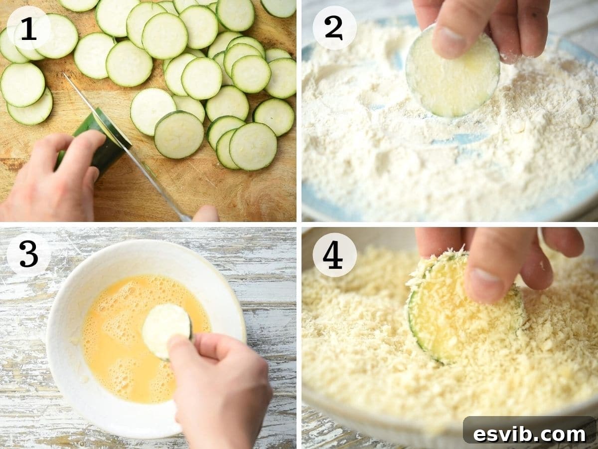 A series of step-by-step photos illustrating the breading process for zucchini rounds, from dredging in flour, dipping in egg, to coating in crispy breadcrumbs, ensuring an even layer.