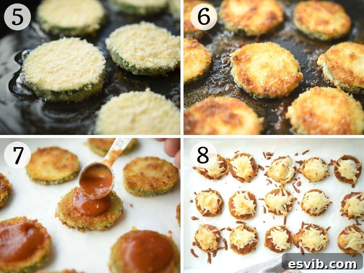 A visual sequence detailing the cooking process of zucchini pizza bites, including frying the breaded zucchini, topping with seasoned tomato sauce, and finally baking until the mozzarella is perfectly melted and bubbly.