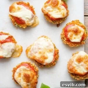 A square image of crispy fried zucchini pizza bites with melted cheese, showcasing their golden crust and vibrant toppings.