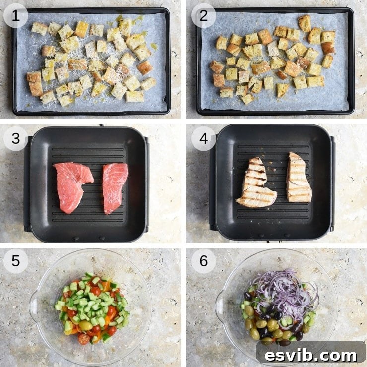 Step by step photos for making a tuna panzanella salad with tuna steaks
