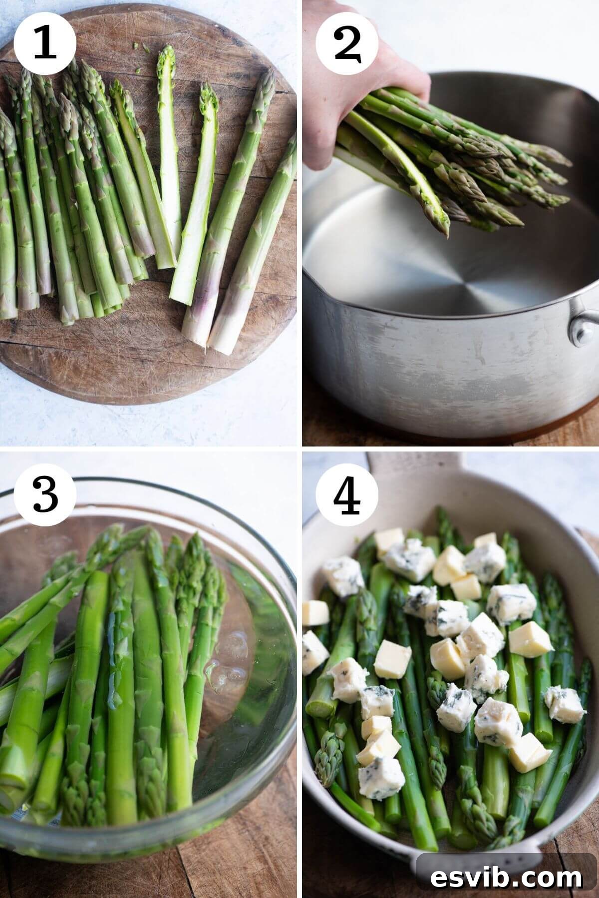 A four-panel photo collage demonstrating the preparation, blanching, chilling, and final roasting steps for the Gorgonzola asparagus.