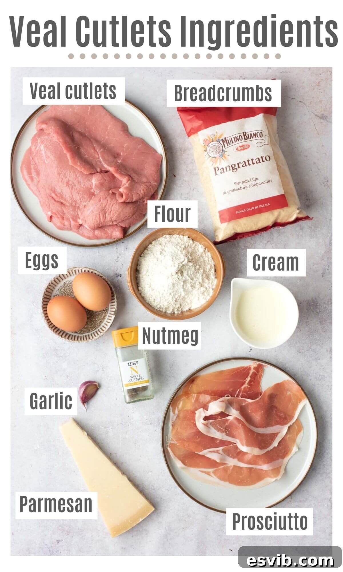 Crispy Veal with Creamy Parmesan Sauce 3 An overhead shot displaying all the fresh, high-quality ingredients required to prepare veal cutlets with prosciutto and parmesan cream, neatly arranged on a rustic wooden table.