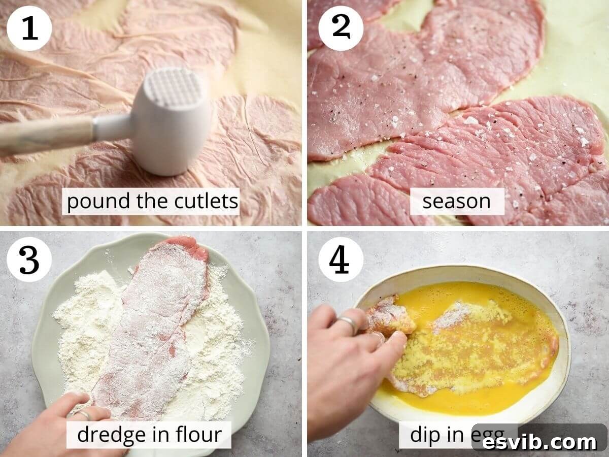 Crispy Veal with Creamy Parmesan Sauce 4 Step-by-step photos illustrating the precise technique for breading veal cutlets: from pounding to coating in flour, egg, and breadcrumbs, ensuring a perfect crust.