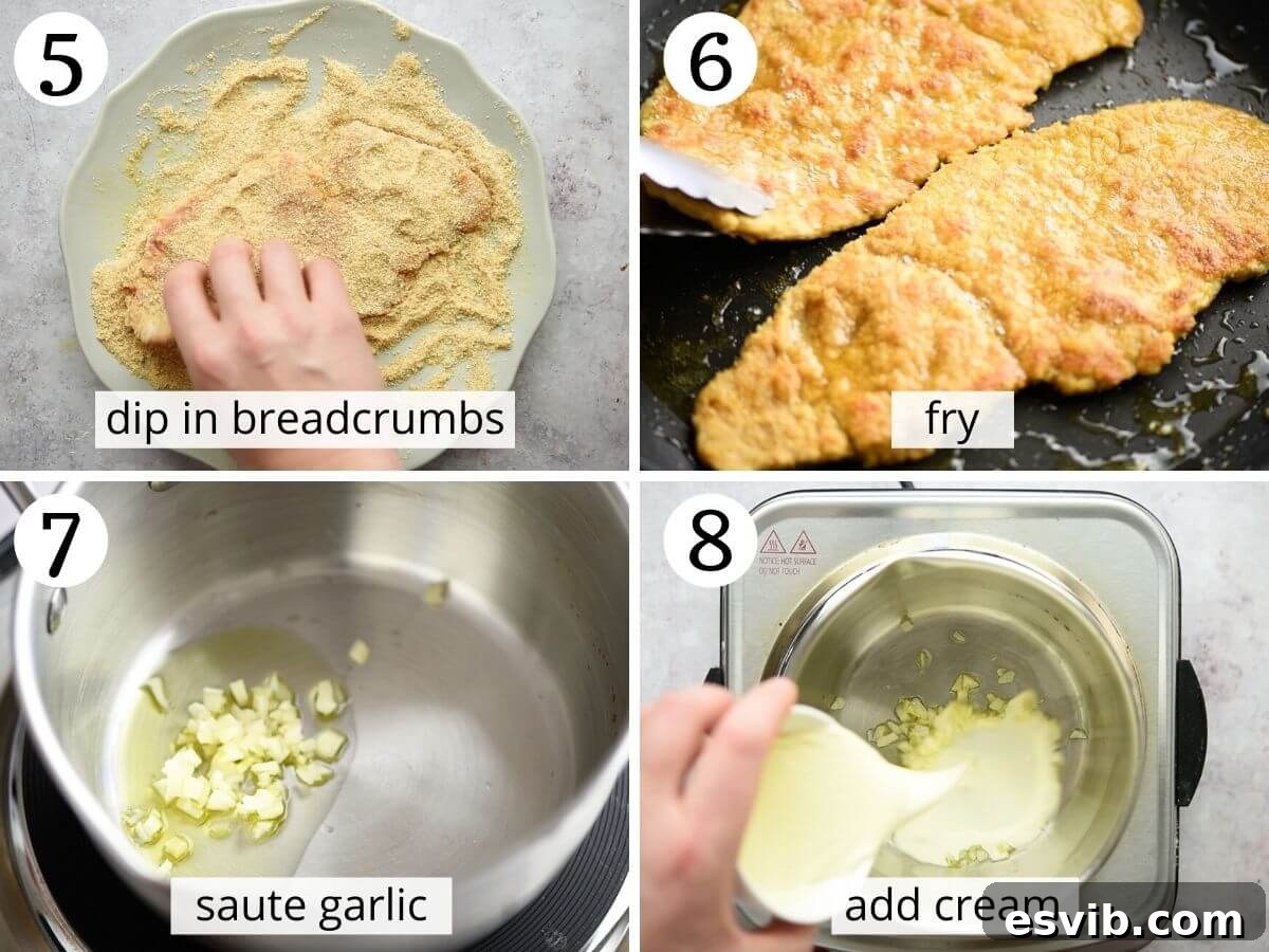 Crispy Veal with Creamy Parmesan Sauce 5 Step-by-step photos demonstrating the pan-frying of veal cutlets to a golden crisp and the initial stages of preparing the luscious parmesan cream sauce.