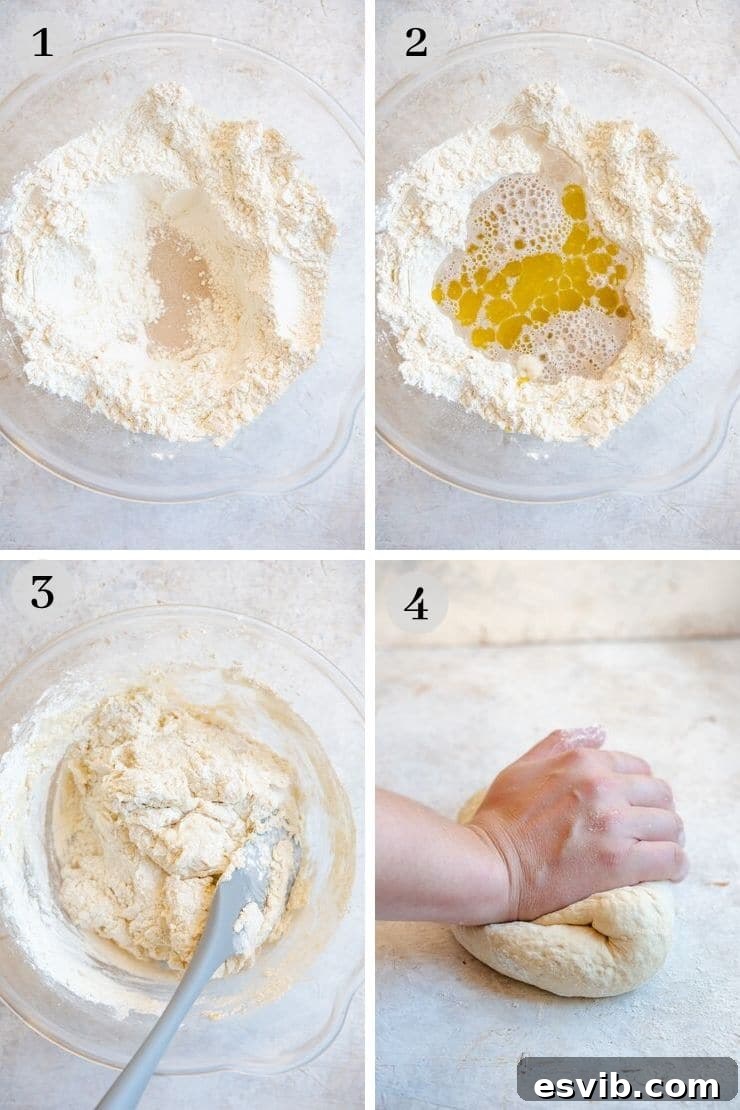 Mixing the initial focaccia dough ingredients. Step-by-step photos illustrating the initial stages of making rosemary focaccia dough: flour in a bowl, yeast and sugar in the center, and salt placed separately.