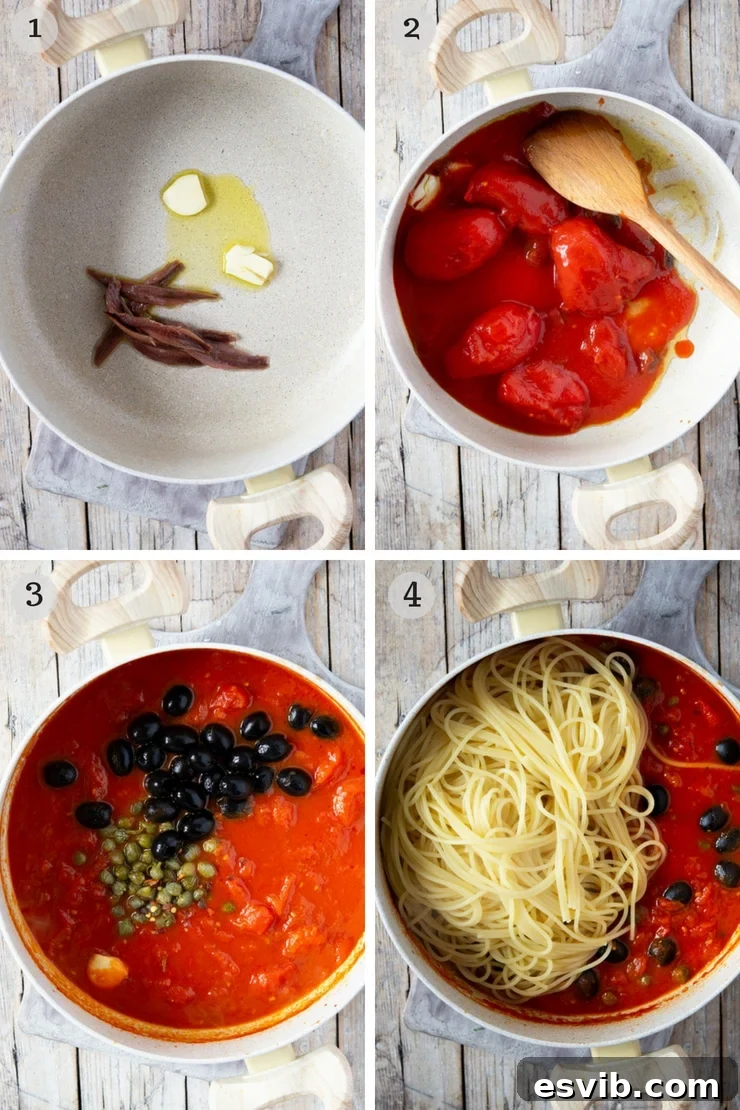 A fantastic Spaghetti alla Puttanesca recipe using fresh cherry tomatoes, capers, olives and garlic it's packed full of flavour and ready in minutes! insidetherustickitchen.com Step by step photos for making spaghetti with puttanesca sauce, showing anchovies and garlic dissolving in olive oil.
