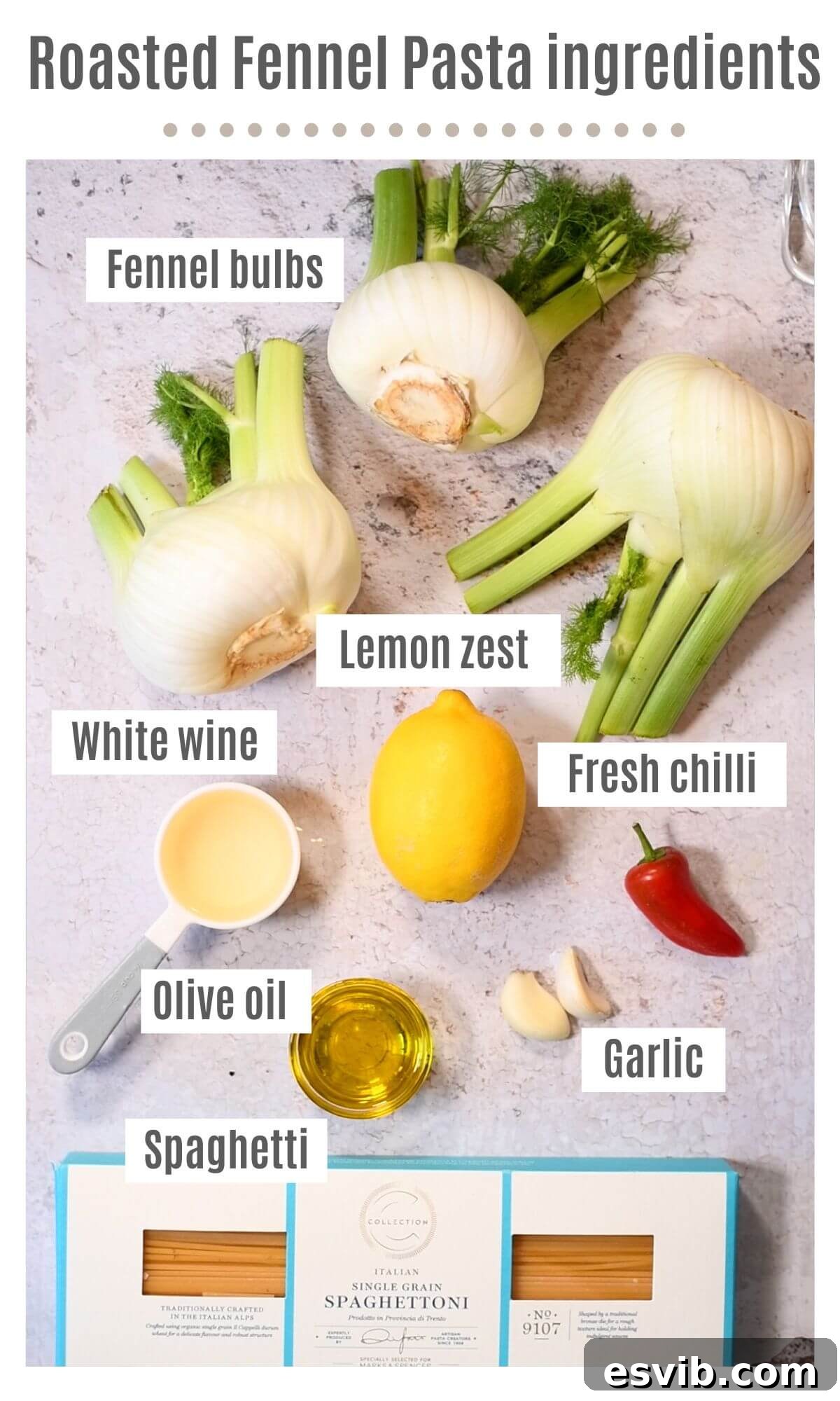Smoky Fennel Pasta with Citrus Spice 3 An overhead shot of all the fresh ingredients needed to make roasted fennel pasta, including spaghetti, fennel bulbs, garlic, chilli, lemon, and white wine.