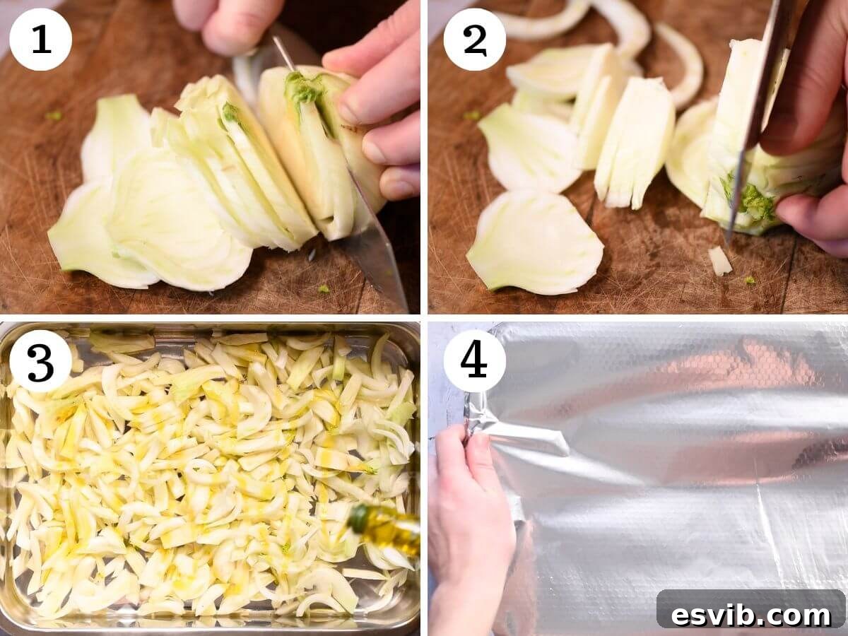 Smoky Fennel Pasta with Citrus Spice 4 Four photos in a collage showing how to properly cut and roast fennel for the pasta dish.
