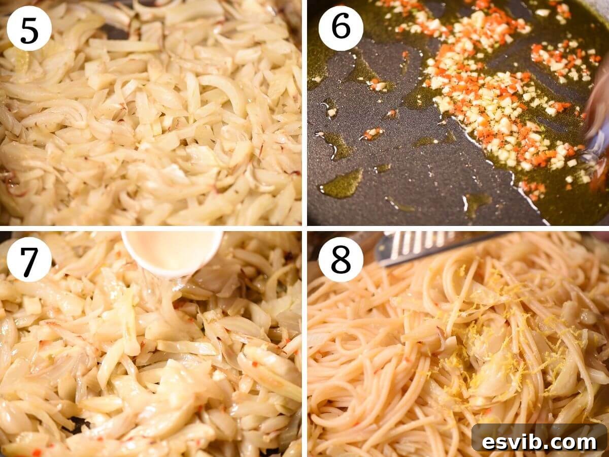 Smoky Fennel Pasta with Citrus Spice 5 Four photos in a collage showing how to prepare the roasted fennel pasta sauce with garlic, chilli, white wine, and lemon zest.
