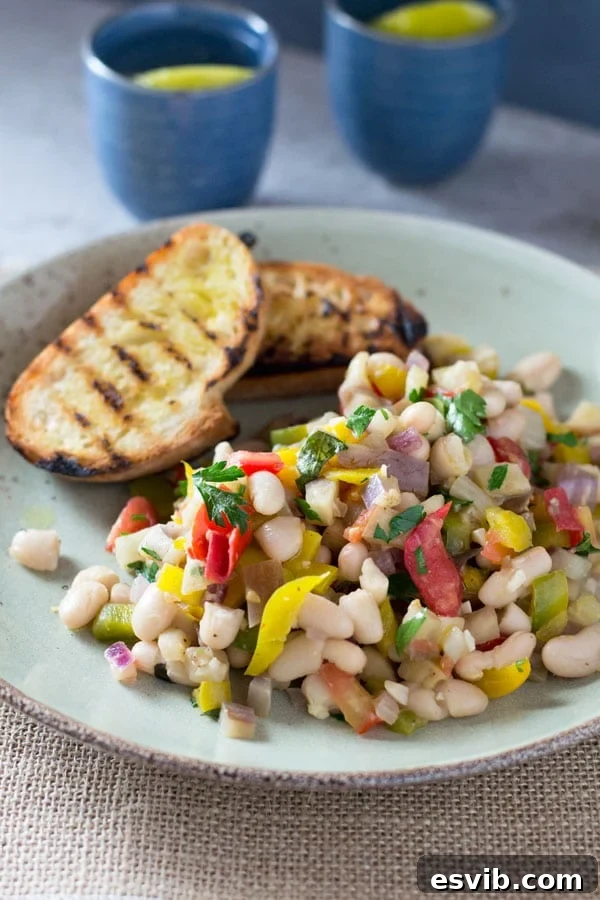 Warm Easy Bean Salad with Fresh Herbs and Vegetables Close-up of a warm easy bean salad featuring tender eggplant, juicy tomatoes, aromatic garlic, and an abundance of fresh parsley and basil. A delicious and healthy summer recipe. insidetherustickitchen.com