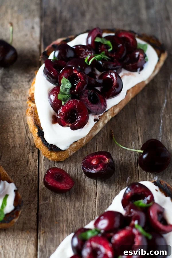 Balsamic-Kissed Cherry Ricotta Toast 3 Two pieces of whipped ricotta toast with balsamic cherries on a white plate, garnished with basil, ready to be enjoyed.