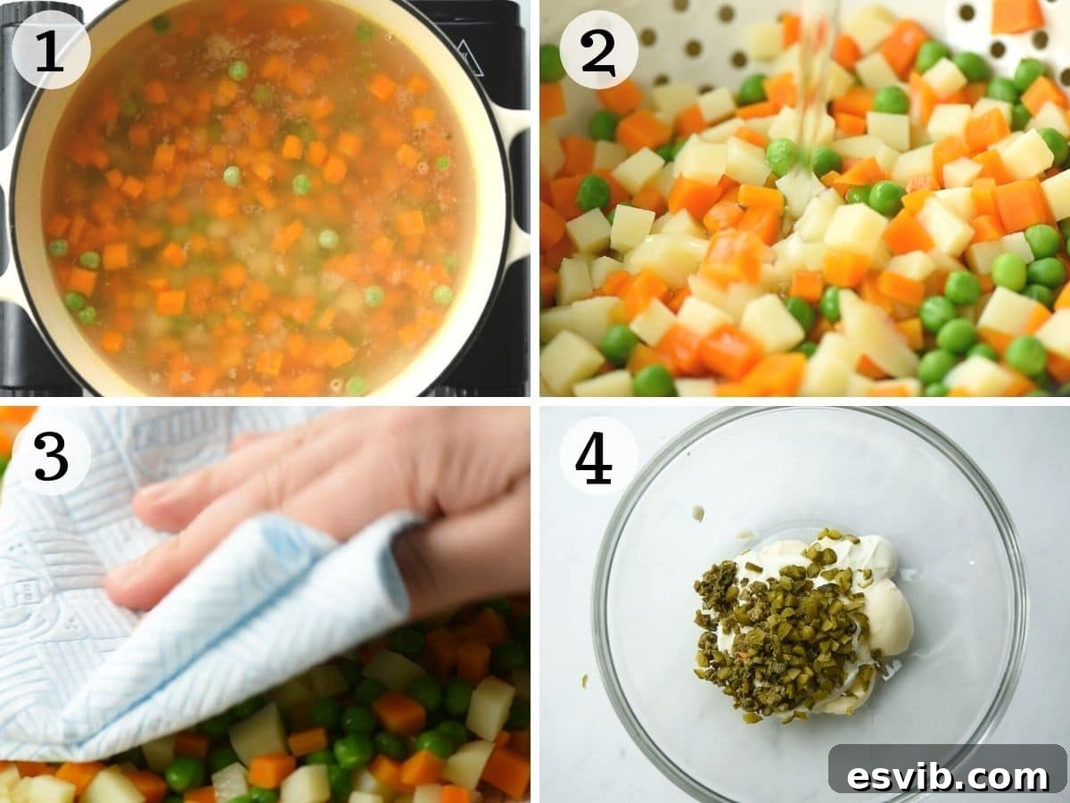 Step by step photos showing how to prepare and cool vegetables for Russian salad