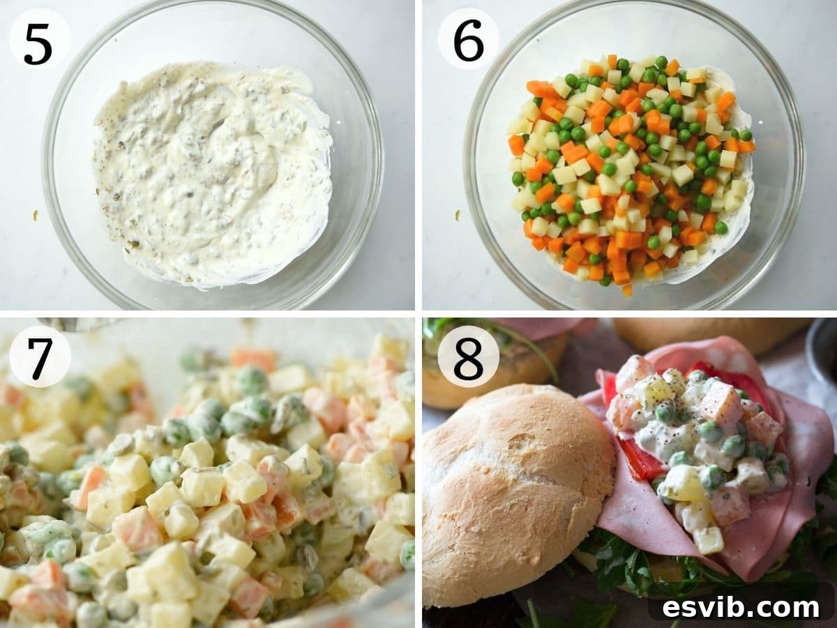 Step by step photos showing how to prepare the creamy and tangy mayonnaise dressing for Russian salad