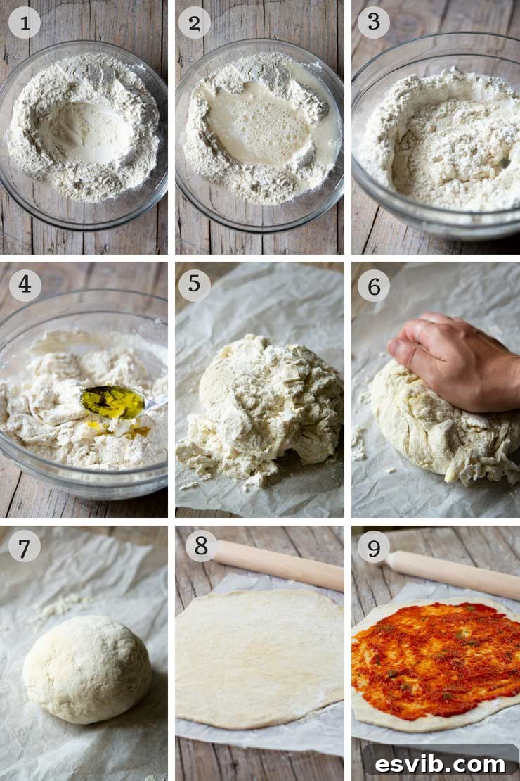 Step-by-step photos illustrating the process of making yeast-free pizza dough.