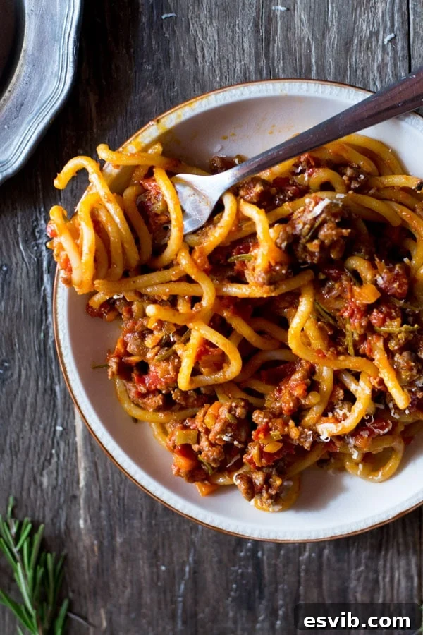 Close-up of Pici pasta coated in rich Tuscan sausage ragu, ready to be served, emphasizing the rustic texture and hearty sauce.