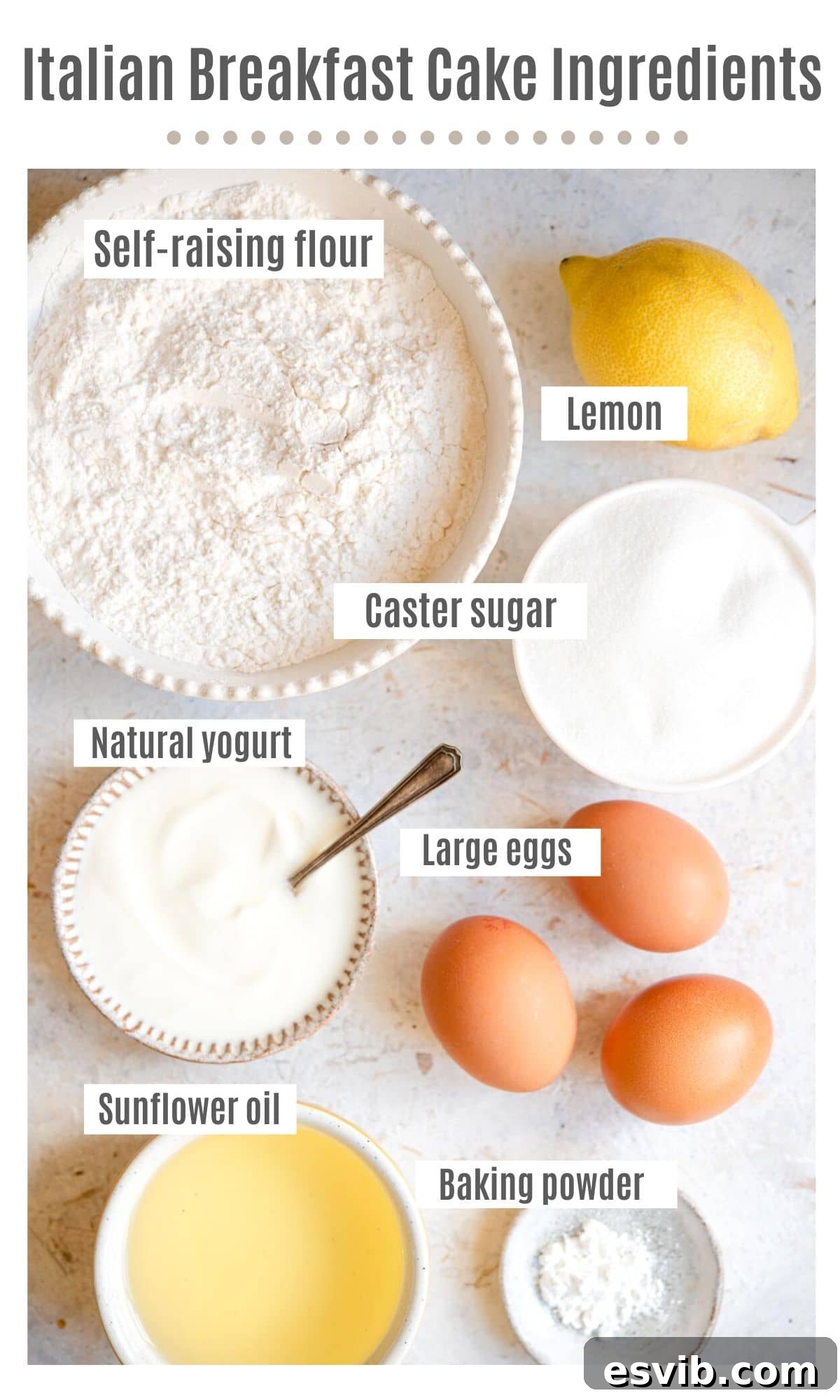 An overhead shot of all the ingredients you need to make Italian Ciambella cake