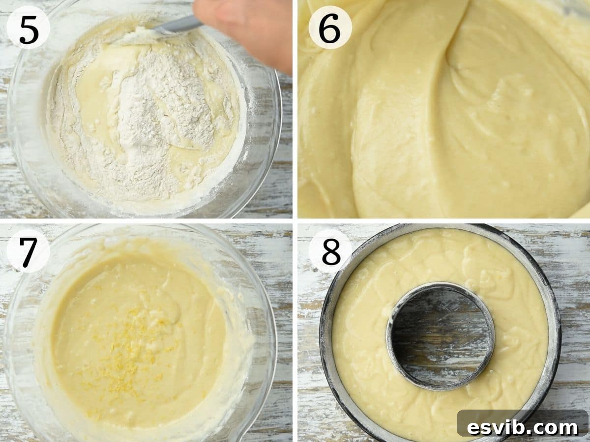 Step by step photos showing what the cake batter should look like