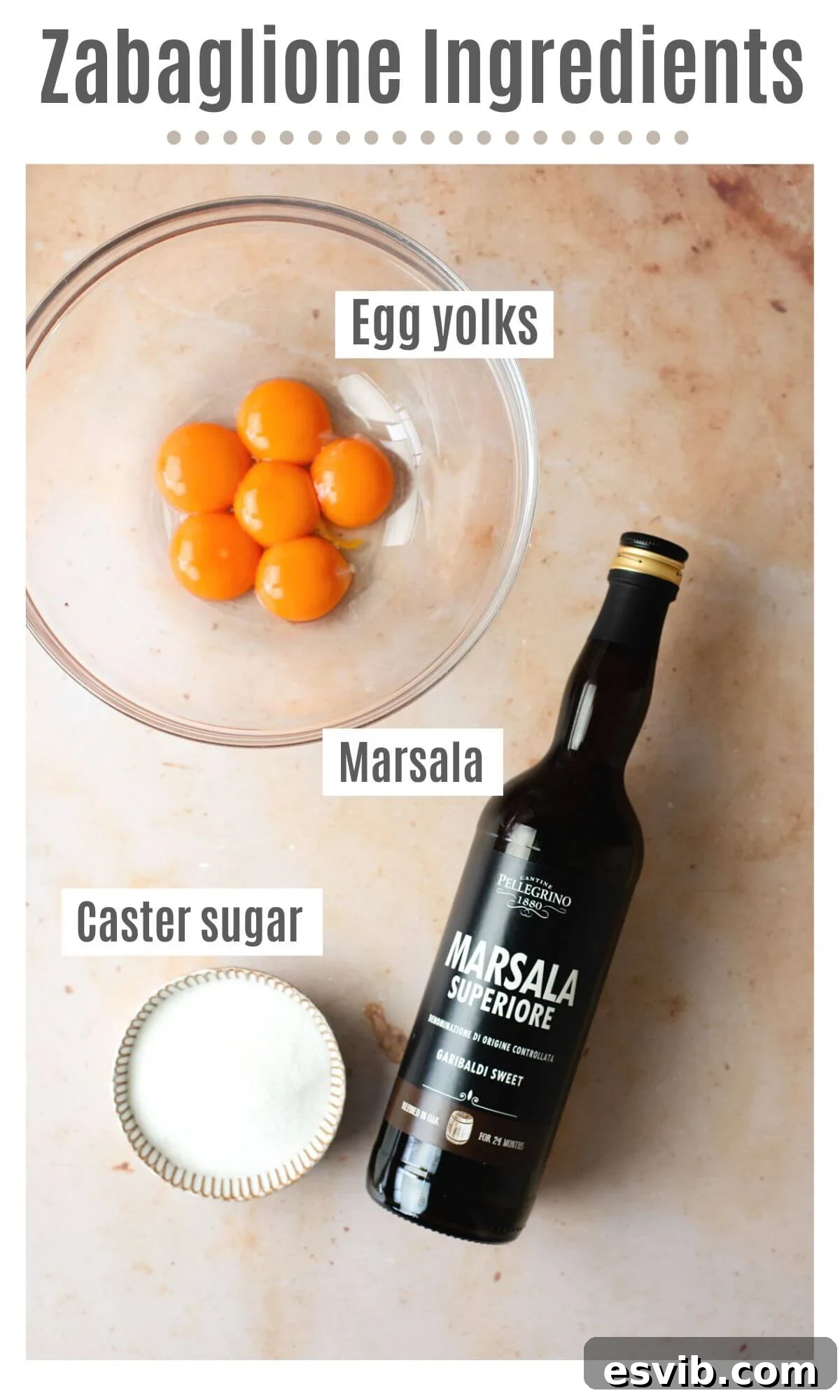 Silky Italian Zabaglione Delight 3 An overhead shot of ingredients labelled; egg yolks, Marsala wine, and caster sugar, laid out for making Zabaglione.