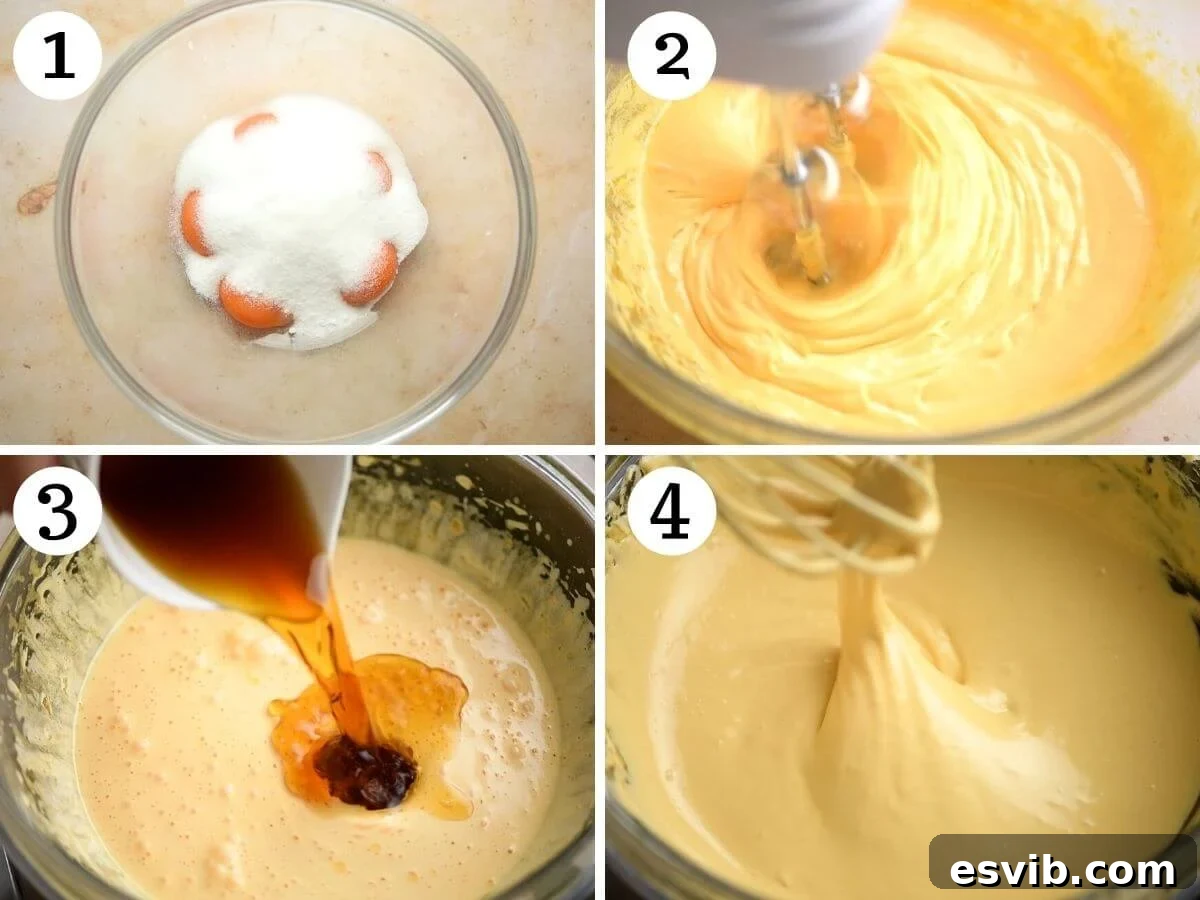 Silky Italian Zabaglione Delight 4 Four photos in a collage showing you how to make Zabaglione from scratch, from whisking eggs and sugar to adding Marsala and achieving the ribbon stage.