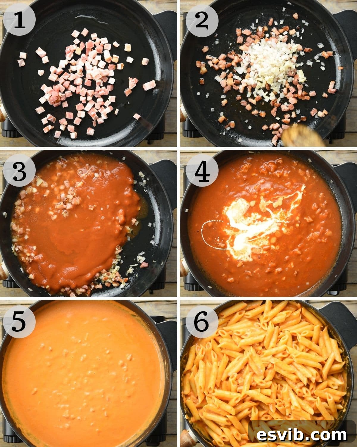 Step by step photos for making penne alla vodka, showing pancetta browning, then garlic and shallots added, followed by tomato puree and cream