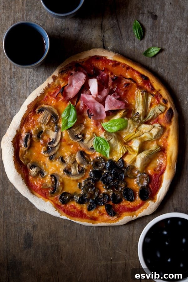 Quattro Stagioni Pizza with artichokes, mushrooms, olives, and ham, showcasing its four distinct sections.