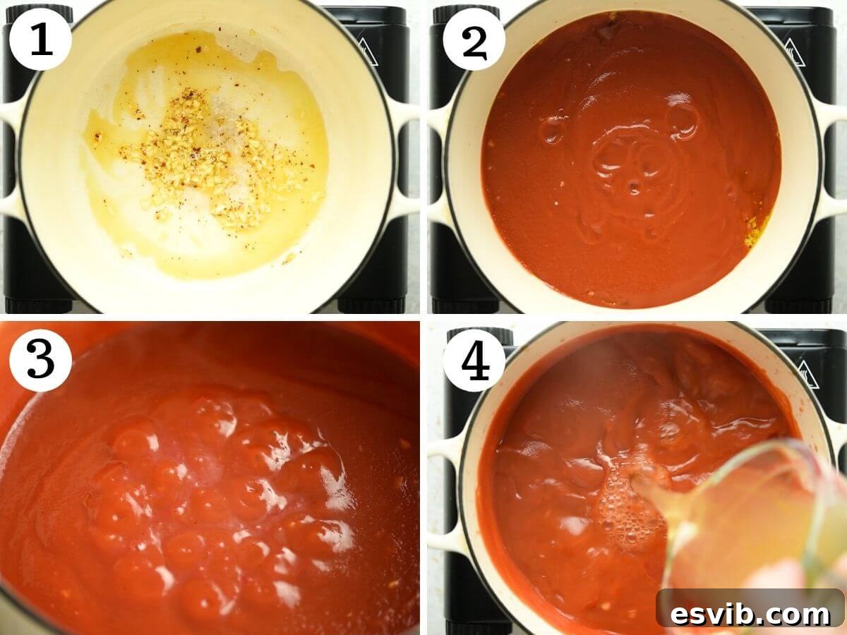 A visual guide showing the initial stages of preparing pappa al pomodoro soup, from sautéing garlic to simmering the tomato broth.