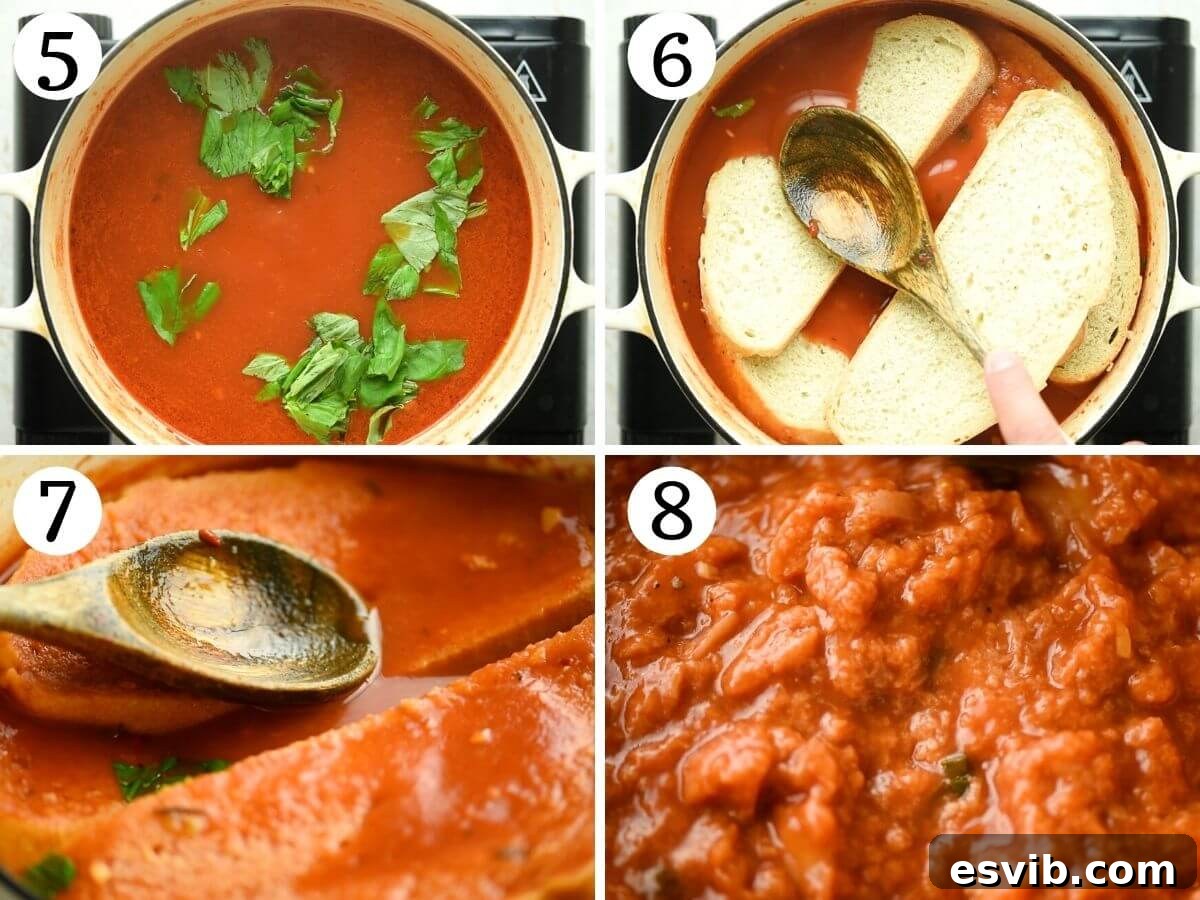 Sequential photographs illustrating the final steps of making pappa al pomodoro, including adding bread and the finished soup in a pot.