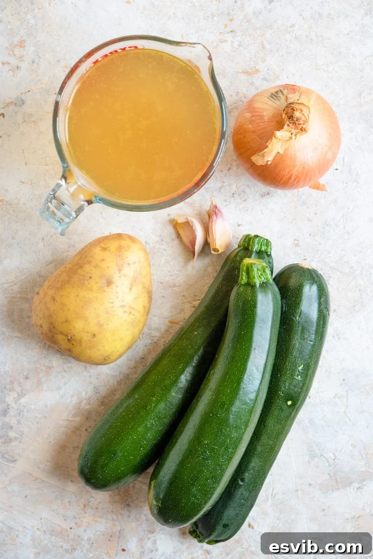 An overhead shot of ingredients used to make creamy zucchini soup