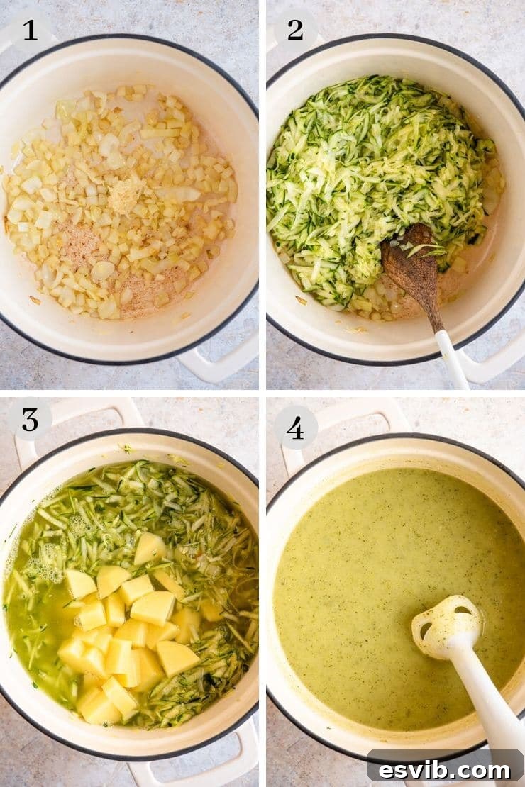 Step by step photos for making creamy zucchini soup