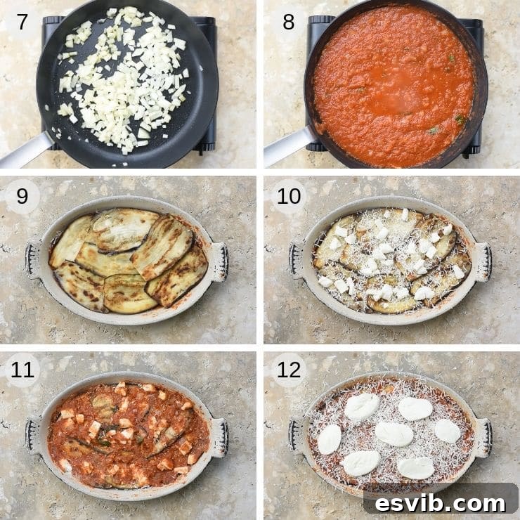 Step by step photos for assembling eggplant parmigiana
