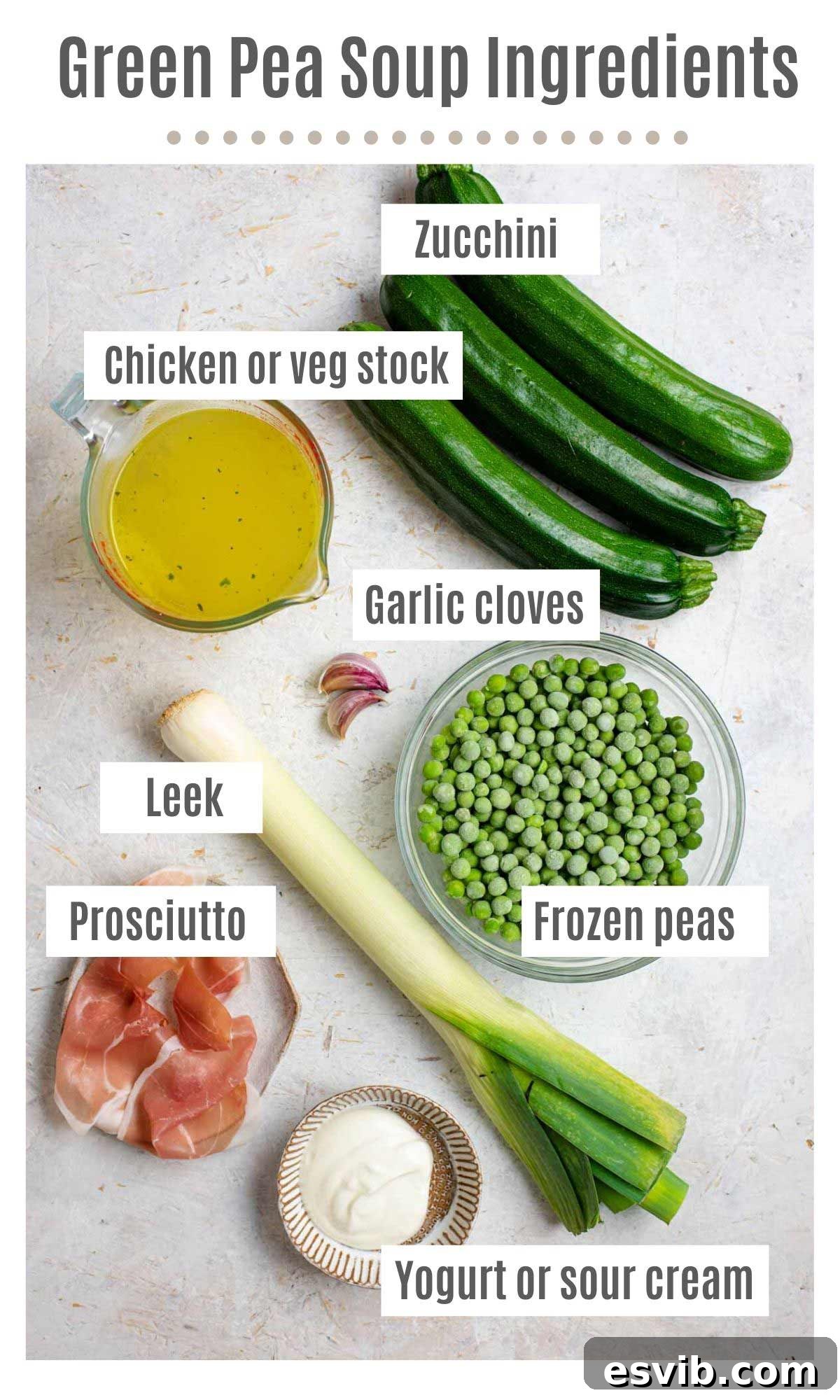 Silky Spring Pea Soup Crowned with Crispy Prosciutto 3 An overhead shot displays all the fresh and wholesome ingredients required to make homemade green pea soup, including vibrant green frozen peas, fresh zucchini, tender leeks, aromatic garlic cloves, and rich stock. Each ingredient is perfectly poised for cooking.