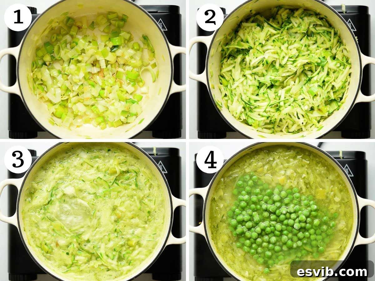 Silky Spring Pea Soup Crowned with Crispy Prosciutto 4 Step-by-step photos illustrating the initial stage of making green pea soup, showing sliced leeks and minced garlic being gently sautéed in a pot with olive oil until softened and fragrant.