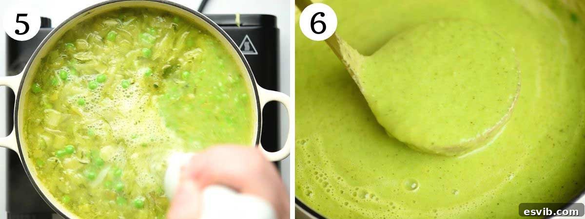 Silky Spring Pea Soup Crowned with Crispy Prosciutto 5 A visual comparison showing the chunky texture of green pea soup before blending, juxtaposed with the silky smooth and creamy texture after being processed with an immersion blender, highlighting the transformation.