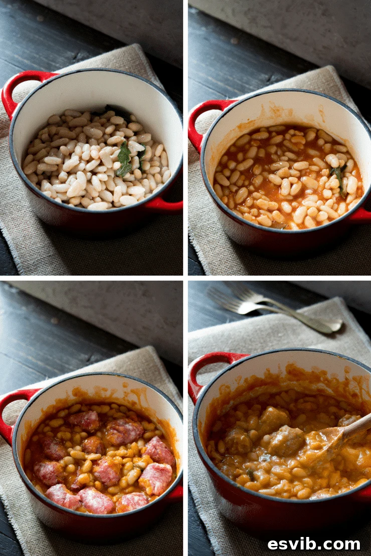 Step-by-step photos illustrating the cooking process of Tuscan bean stew with sausages, showing ingredients simmering in a pot.