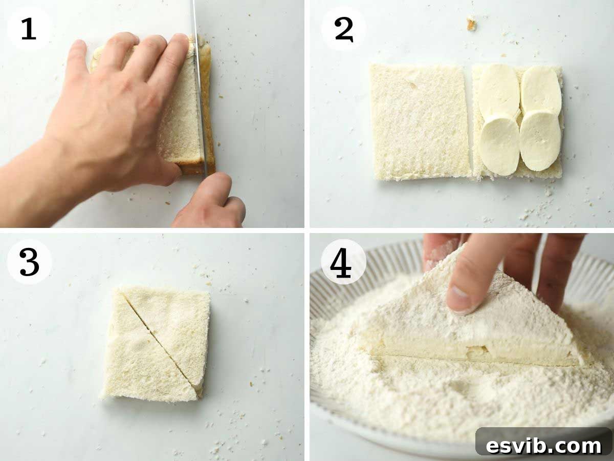 Step-by-step photos illustrating the preparation of fried mozzarella sandwiches, showing crusts removed from bread and mozzarella being placed.