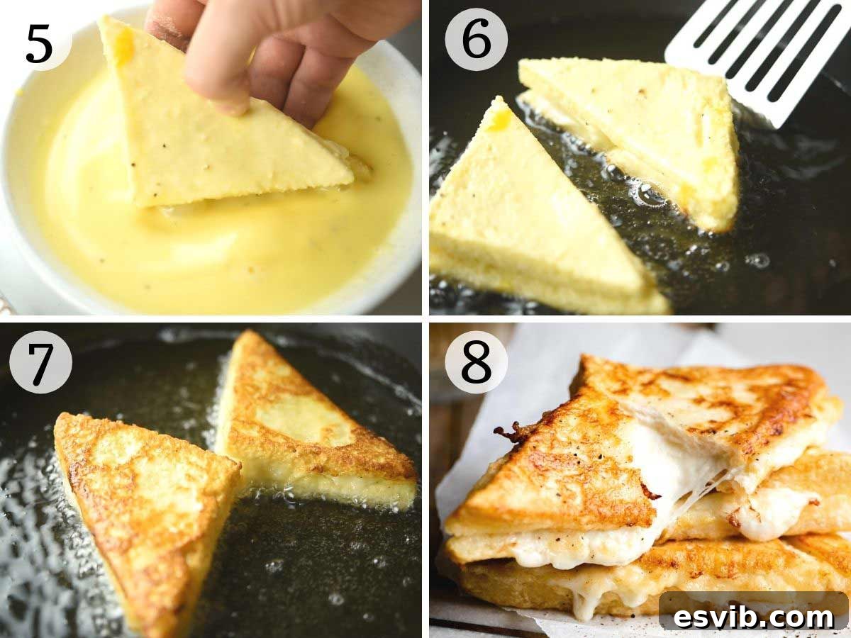 Step-by-step photos demonstrating the frying process for mozzarella in carrozza sandwiches, showing dusting in flour, dipping in egg, and frying until golden.