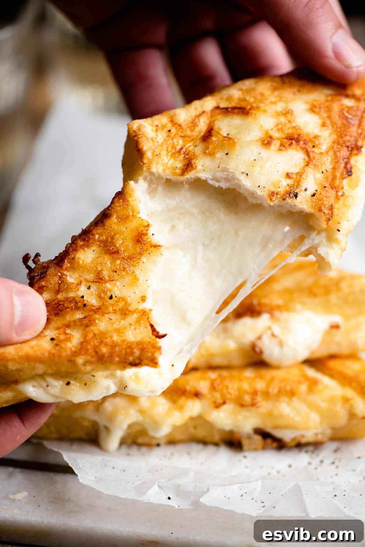 A close-up shot of a fried mozzarella sandwich broken open, with melted cheese oozing and stretching tantalizingly.
