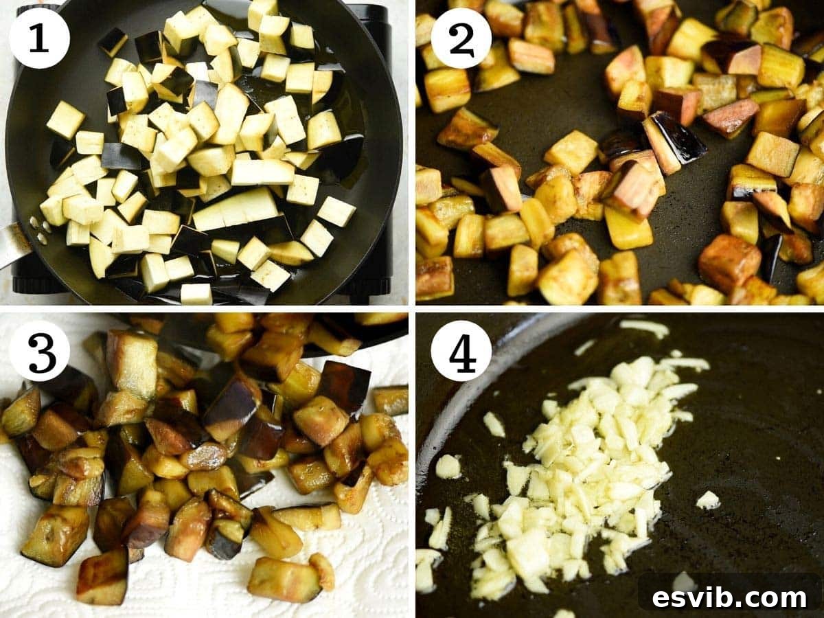 Step-by-step photos showing eggplant being cubed, fried in olive oil until golden, and then draining on kitchen paper.
