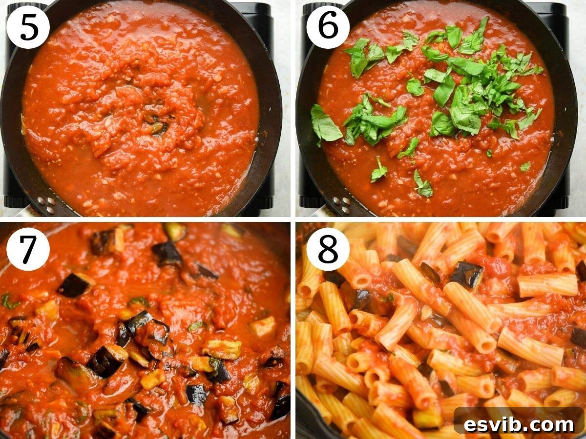 Step-by-step photos illustrating the preparation of the Pasta alla Norma sauce: sautéing garlic, adding whole plum tomatoes, and stirring in fresh basil.