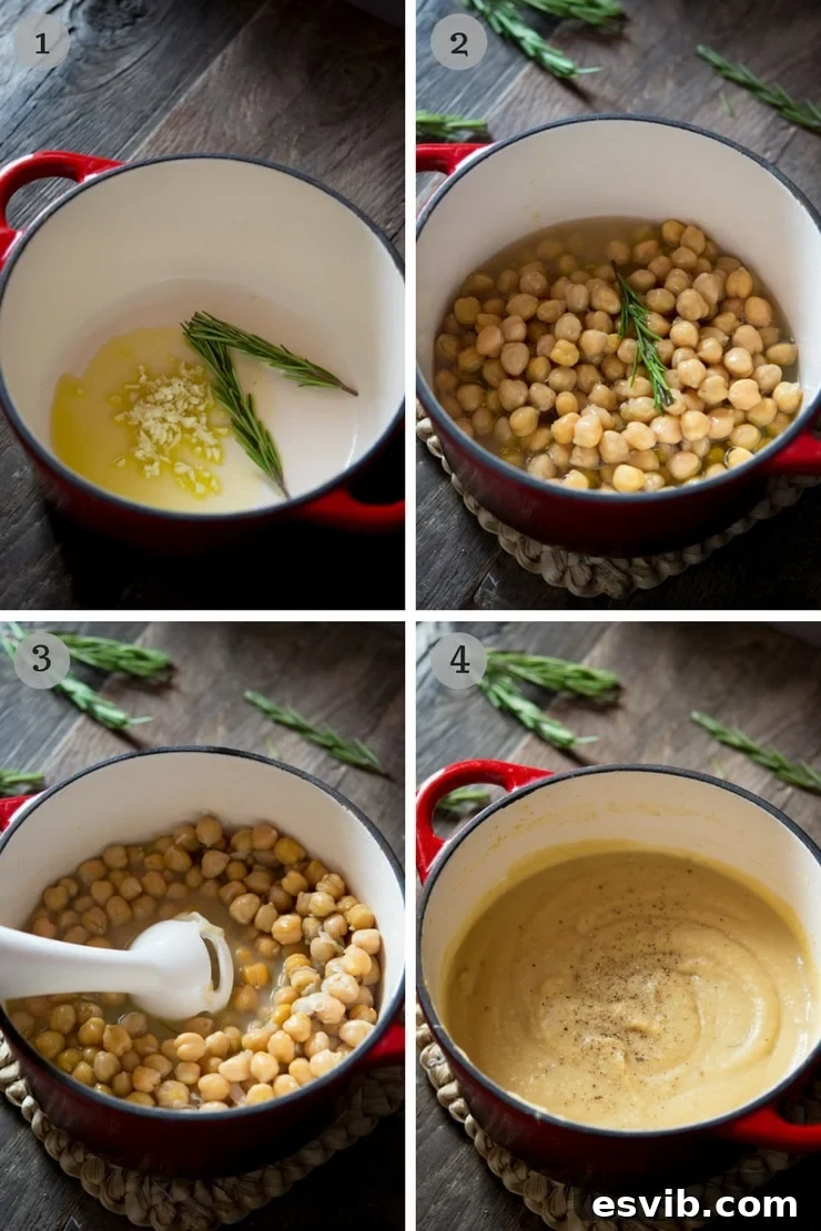 Step-by-step photos illustrating the preparation of Tuscan Chickpea Soup, showing initial frying of garlic and rosemary