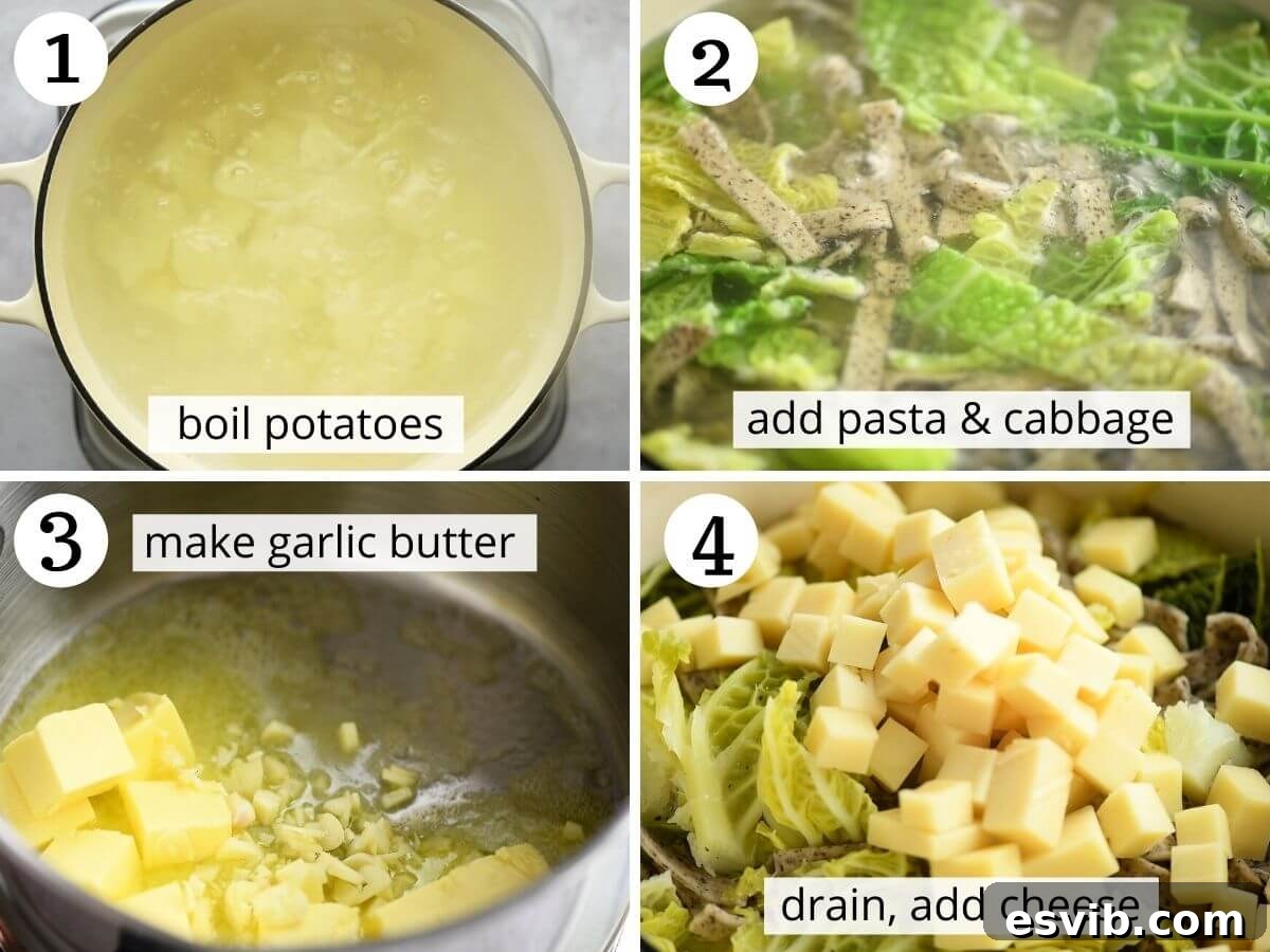 Step-by-step photos illustrating the boiling process of Pizzoccheri pasta, potatoes, and cabbage in a single pot