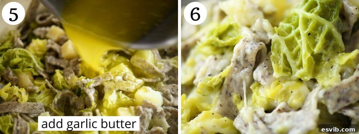 Two photos showcasing the addition of garlic butter and Fontina cheese, followed by thorough mixing into the hot Pizzoccheri pasta and vegetables
