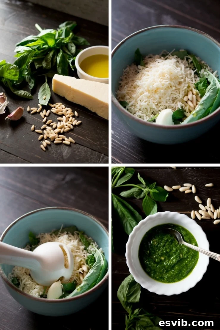 Step-by-step photos illustrating the process of making basil pesto in a food processor or with an immersion blender.