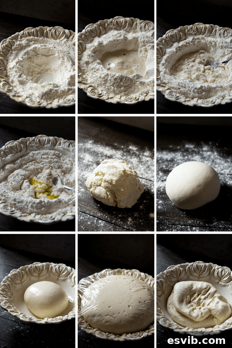 Step-by-step photos illustrating the process of making basic pizza dough, from mixing ingredients to kneading, for a homemade basil pesto pizza recipe.