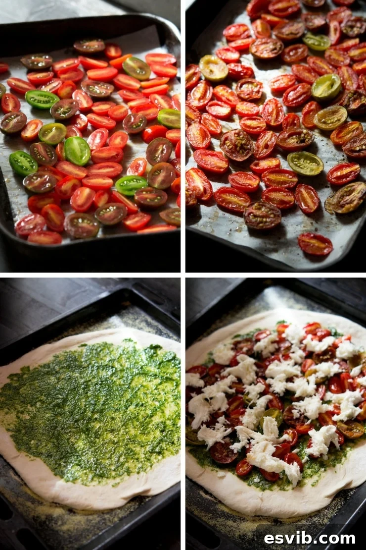 Step-by-step photos showing how to roast cherry tomatoes and assemble a basil pesto pizza.