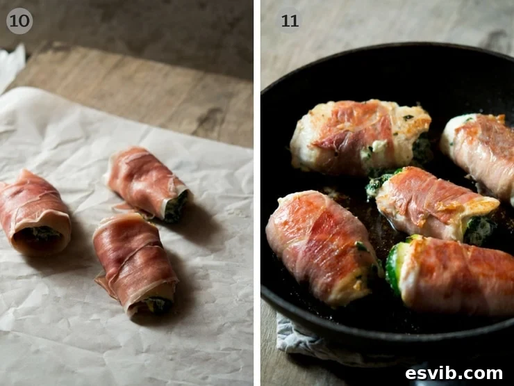 Prosciutto wrapping technique for Chicken Involtini Detailed step-by-step photos showing the precise technique of rolling chicken involtini bundles into slices of prosciutto