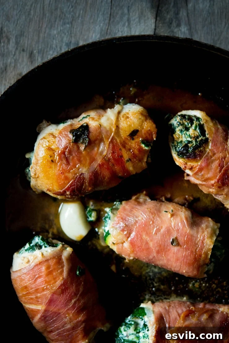 Close-up of Spinach and Ricotta Chicken Involtini A close-up view of pan-fried chicken involtini, beautifully stuffed with spinach and ricotta, nestled in a rich sauce