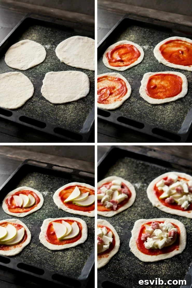 Step by step photos on how to make mini sausage pizzas