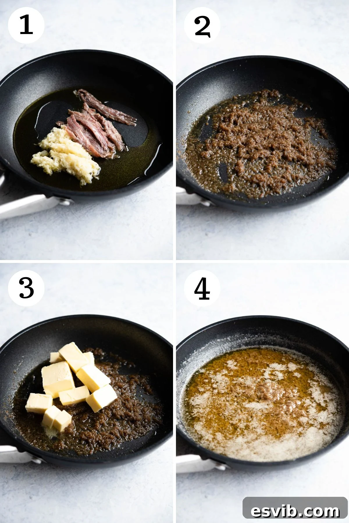 Bagna Cauda Warm Anchovy Garlic and Butter Dip 4 A four-photo collage demonstrating the precise cooking process of Bagna Cauda: 1. Olive oil, minced garlic, and anchovy fillets starting in a pan. 2. Anchovies slowly dissolving into the fragrant garlic and olive oil. 3. Unsalted butter being added to the rich mixture. 4. The finished, perfectly emulsified Bagna Cauda sauce, ready to serve.